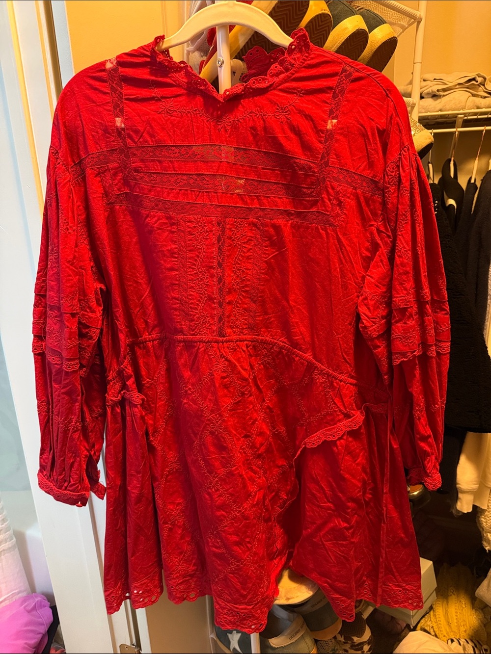 Women's Red Lace-Trim Boho Tunic Dress
